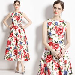 Vintage Jacquard Pretty Women Floral, O-Neck, A-Line Flared Midi Cocktail, Holiday, Party, Prom Quinceanera Dress
