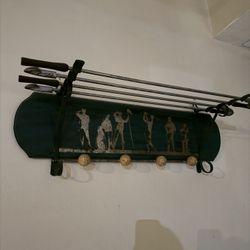 Vintage Golf Motif Wall Coat Rack Shelf Golf Clubs & Balls Hooks 