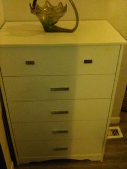 (O.B.O.)5 Drawer white Dresser. All drawers roll smooth (42 inches tall) 29 inches wide 19 inches deep