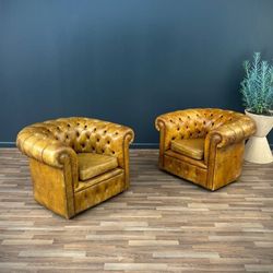 Pair of Vintage English Chesterfield Style Tufted Leather Club Chairs , c.1950’s

