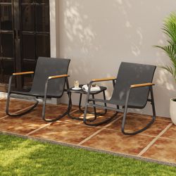 3-Piece Outdoor Rocking Patio Set with Solid Wood Armrests & Coffee Table