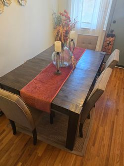 Dark Wood Dining Table with 4 Chairs and Storage Bench