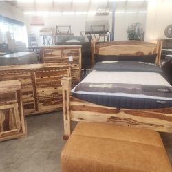 RUSTIC SOLID WOOD BEDROOM SET QUEEN BED, DRESSER, CHEST, NIGHTSTAND SHEESHAM WOOD