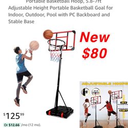 New Portable Basketball Hoop, 5.8-7ft Adjustable Height Portable Basketball Goal for Indoor, Outdoor,  with PC Backboard and Stable Base $80 