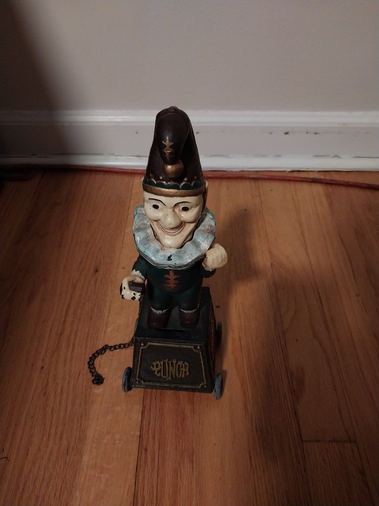 Antique 1875 Cast Iron Five Cent Cigars Jester Clown Rolling Bank Xonex