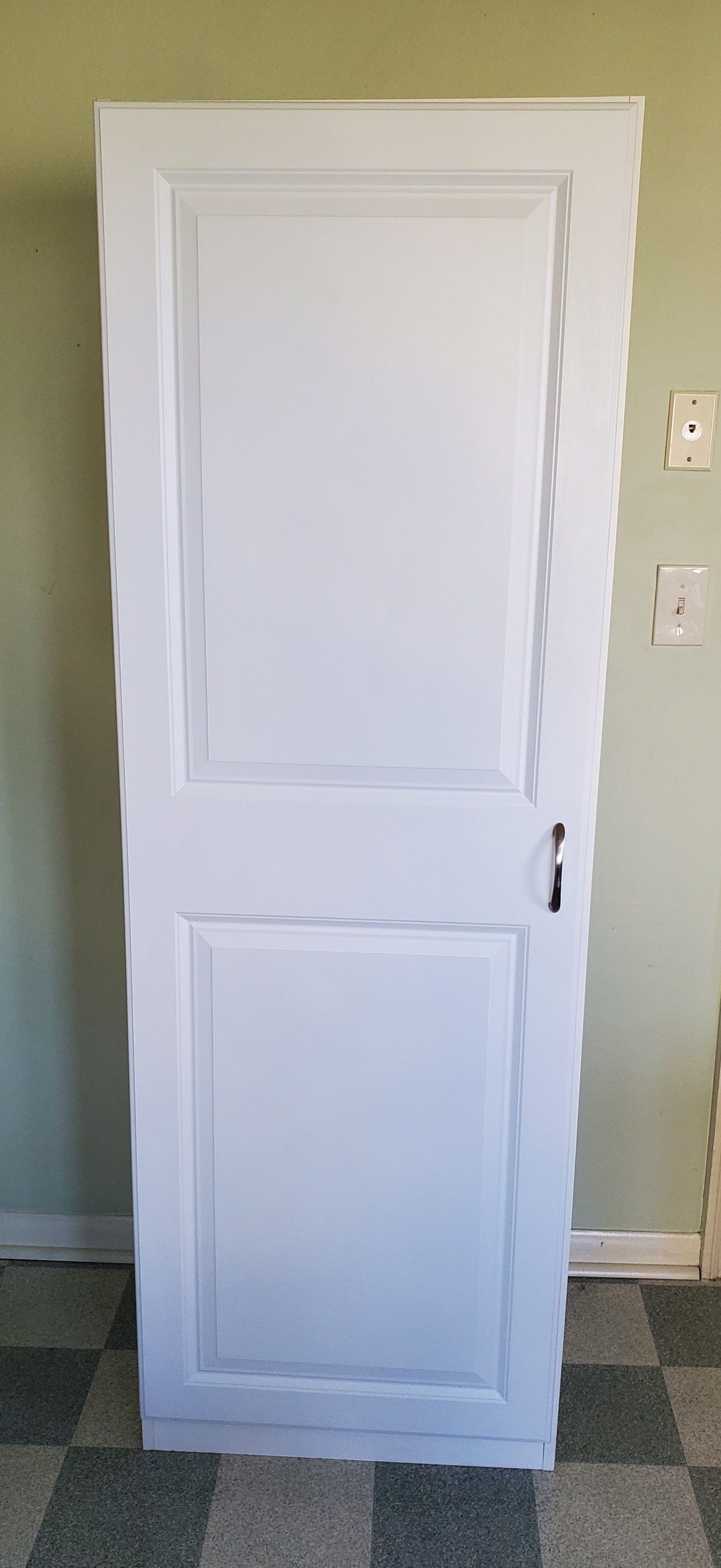 Freestanding white single door cabinet pantry 16.5 inches deep 23.75 inches wide 70 inches tall