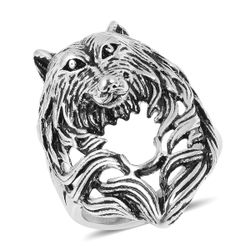 Black Oxidized Stainless Steel Wolf Head Men's Ring (Size 10.0)