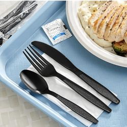Heavyweight Black Plastic Cutlery Set – Case of 250 Sets (Fork, Knife, Spoon, Napkin, Salt & Pepper)