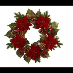 Nearly Natural 24” Poinsettia, Berry and Golden Pine Cone Artificial Wreath