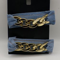 INC 2 Pc Gold tone Chain & Denim Hair Barrette 