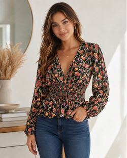 088 | Floral Smocked Waist Peplum Blouse