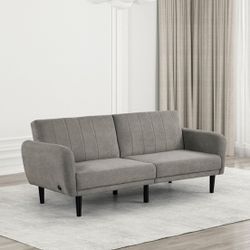 Gray Pocket Coil w/ Wrapped Foam Futon Couch Sofa With USB