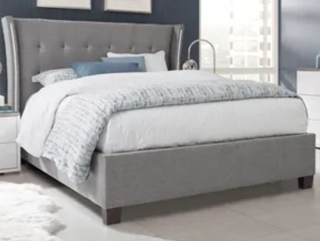 Grey Gorgeous Modern King Size Bed and Headboard with LED Lights