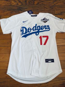 White and blue Los Angeles dodgers shohei Ohtani Japanese kanji jersey
