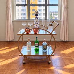 Gold Bar Cart with Mirrored Shelves - Rolling Serving Cart