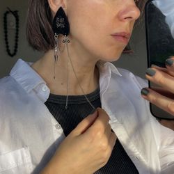 Handmade Black Dangle Earring, Beaded Embroidery