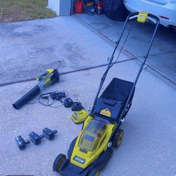 Ryobi Mower And Batteries With Charger