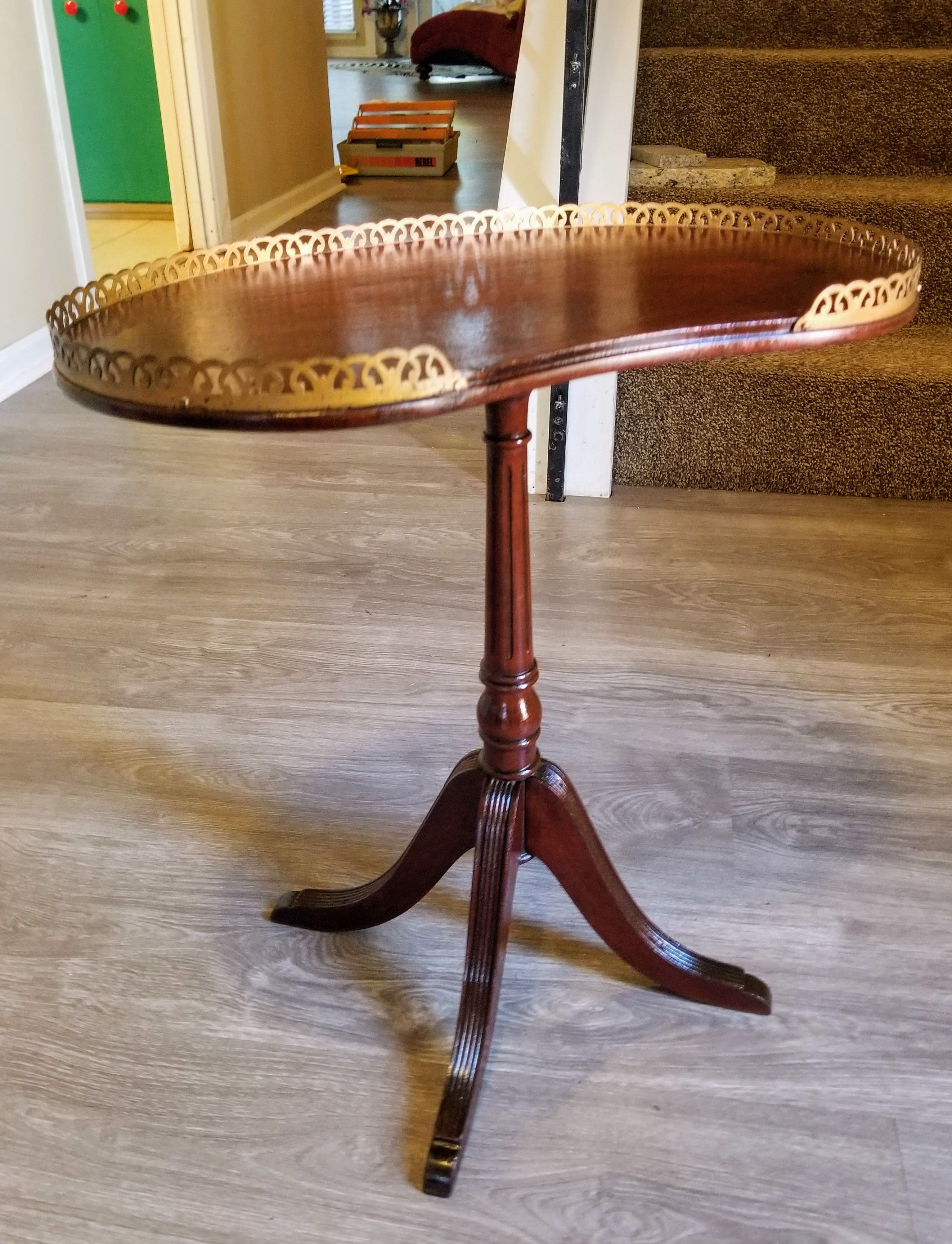 Vintage Hand crafted small Pedestal martini drink Side table with brass color edging