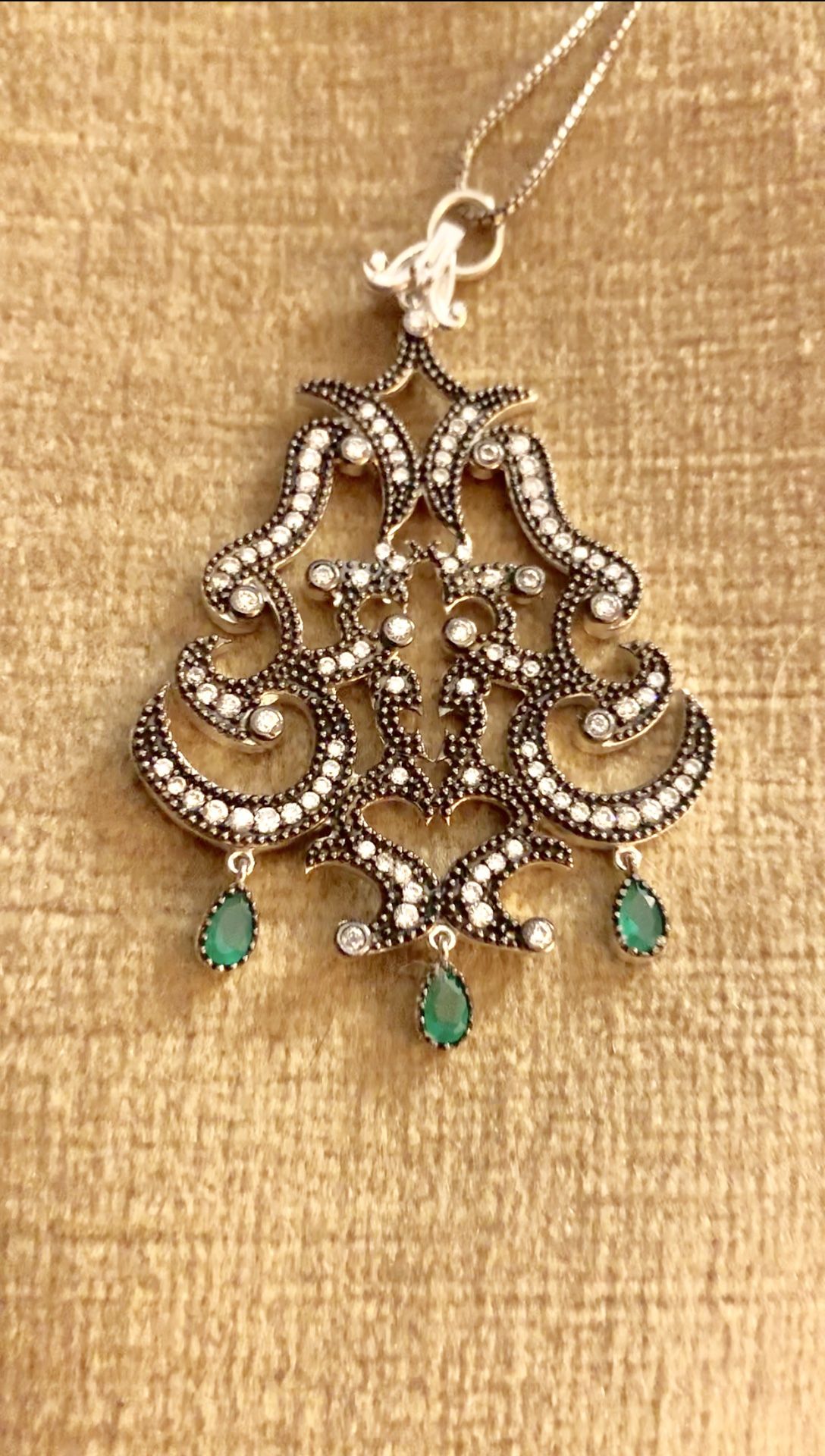 Large Antique Style Emerald Topaz Silver & Bronze Pendant