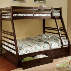 Brand New Espresso Twin Over Full Bunk Bed w Trundle Drawers 