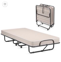 Gymax Folding Bed with Mattress Portable Rollaway Guest Cot Memory Foam Made in Italy Beige