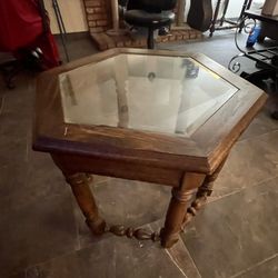 Real Wood Octagon Side Table With Glass