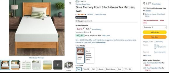 Twin Bed Frame + Memory Foam Mattress — Complete Set
Mellow 14" steel platform bed frame (white) + Zinus 8" memory foam mattress. No box spring needed