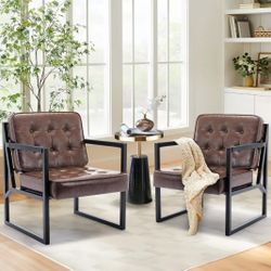 COLAMY Mid Century Modern Accent Chair, Comfy Living Room Chairs, Brown Leather Accent Chair, Faux Leather Reception Armchair with Metal Legs for Livi