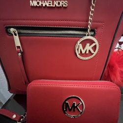 Red Michael Kors Purse With Wallet 