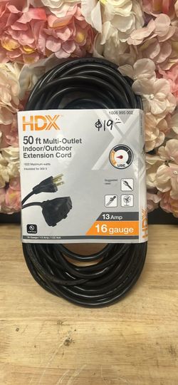HDX 50 ft. 16/3 Light Duty Indoor/Outdoor Extension Cord with Multiple Outlet Triple Tap End, Black