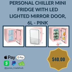 Personal Chiller Mini Fridge with LED Lighted Mirror Door, 6L - Pink