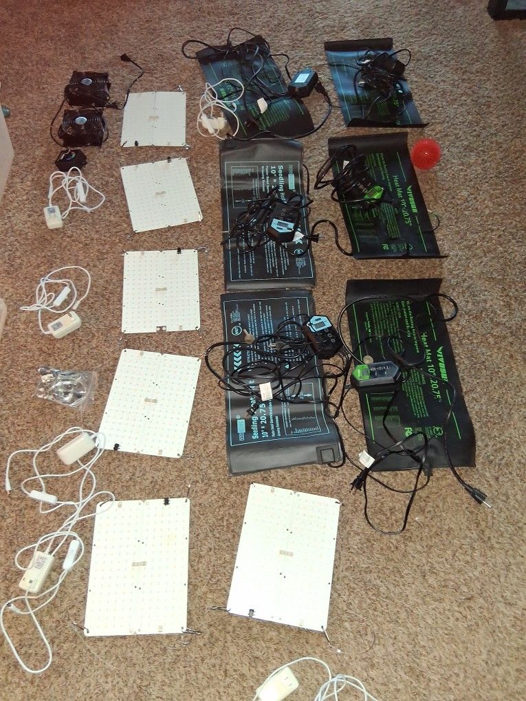 14 - LED Grow Lights, 7 Seedling Heat Pads w Thermostats, 3 Circulation Fans w a Speed Control Unit, Govee Bluetooth Temp Sensors