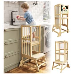 Kids Kitchen Step Stool with Safety Rails, Toddler Standing Tower Adjustable Height, Wooden Kitchen Stool for Kids  Brand New  Unassembled Still In bo