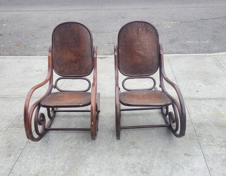 Pair of Thonet Bentwood Rocking Chairs from Germany w/ Dragon & Tree Mid Century Modern