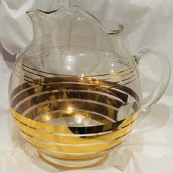 Antique Fine Art Clear Glass Pitcher Original Vintage Tall Gold Striped Deco