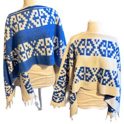 Vintage Double Sided Reversible Heavy Wool Blanket Poncho With Fringe Unisex 