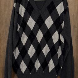 Tasso Elba Men’s 100% Fine Cashmere Argyle Gray V-neck Sweater, size XXL Plus 