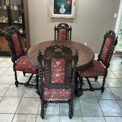 Antique Carved French Oak Oval Hunt Table with Chairs, C 1890