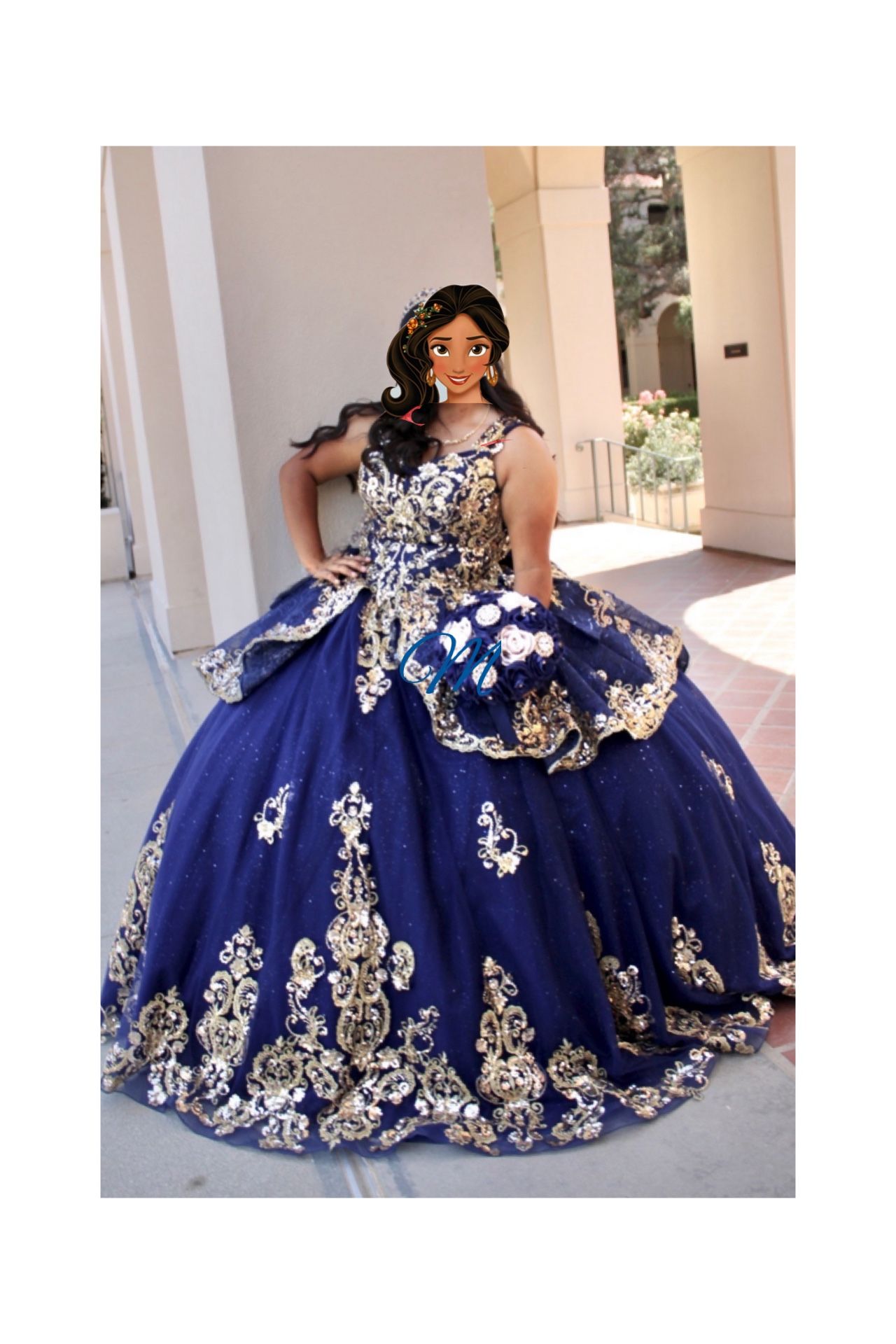 Navy Blue & Gold Quinceañera Dress