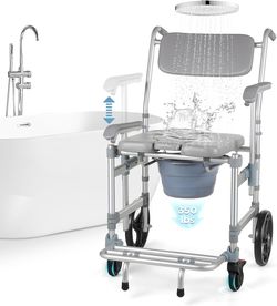 Bariatric Rolling Shower Chair: 4 in 1 Folding Bath Commode Chair for Handicap, Elderly & Injured, Adjustable Armrests for Easy Transfer | Waterproof 