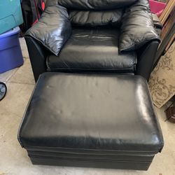 Black Top Grain Leather Chair And Ottoman 