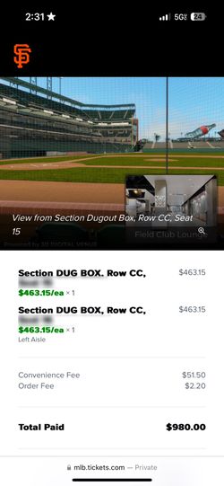 GIANTS TICKETS VS A’S 2 DUGOUT SEATS