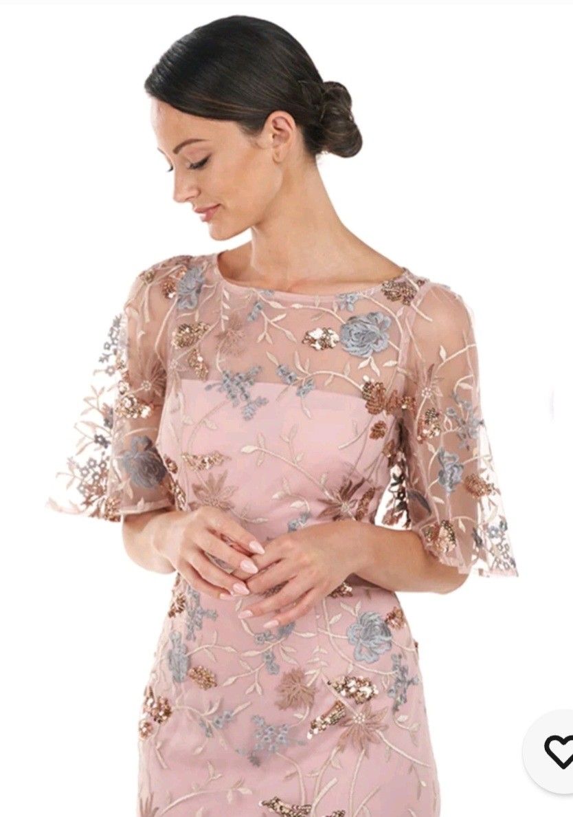 JS Collections Daphne Flutter Sleeve Blush Multi Color Shesth Column Gown Sz 12
