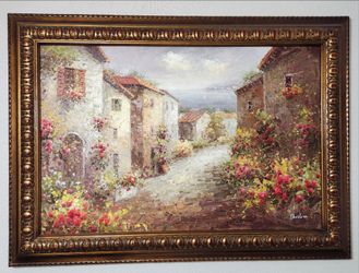 Italian river oil painting gold tones
