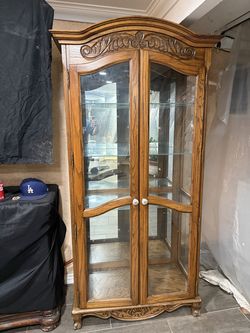 Solid Oak Lighted Curio Cabinet – Glass Display Cabinet w/ All Shelves