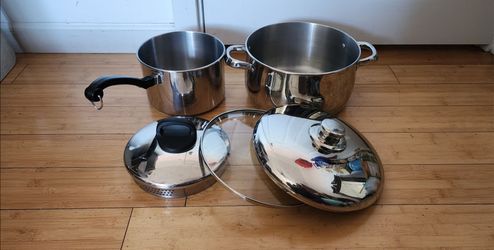 Farberware Stainless saucepan (Lid with  drainage holes on both sides) & Emil's Chef Collection Stainless Pot with 3 Lids (like New)