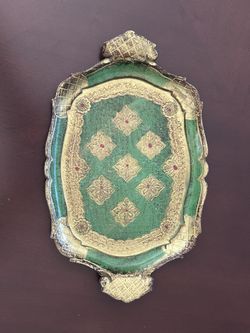 Vintage Italian/Florentine Gold/Green/Red, rectangular wooden tray
