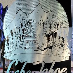 Framed Etched Mirror Back Lit by LED - Lake Tahoe Cabin 24" x 29" 
