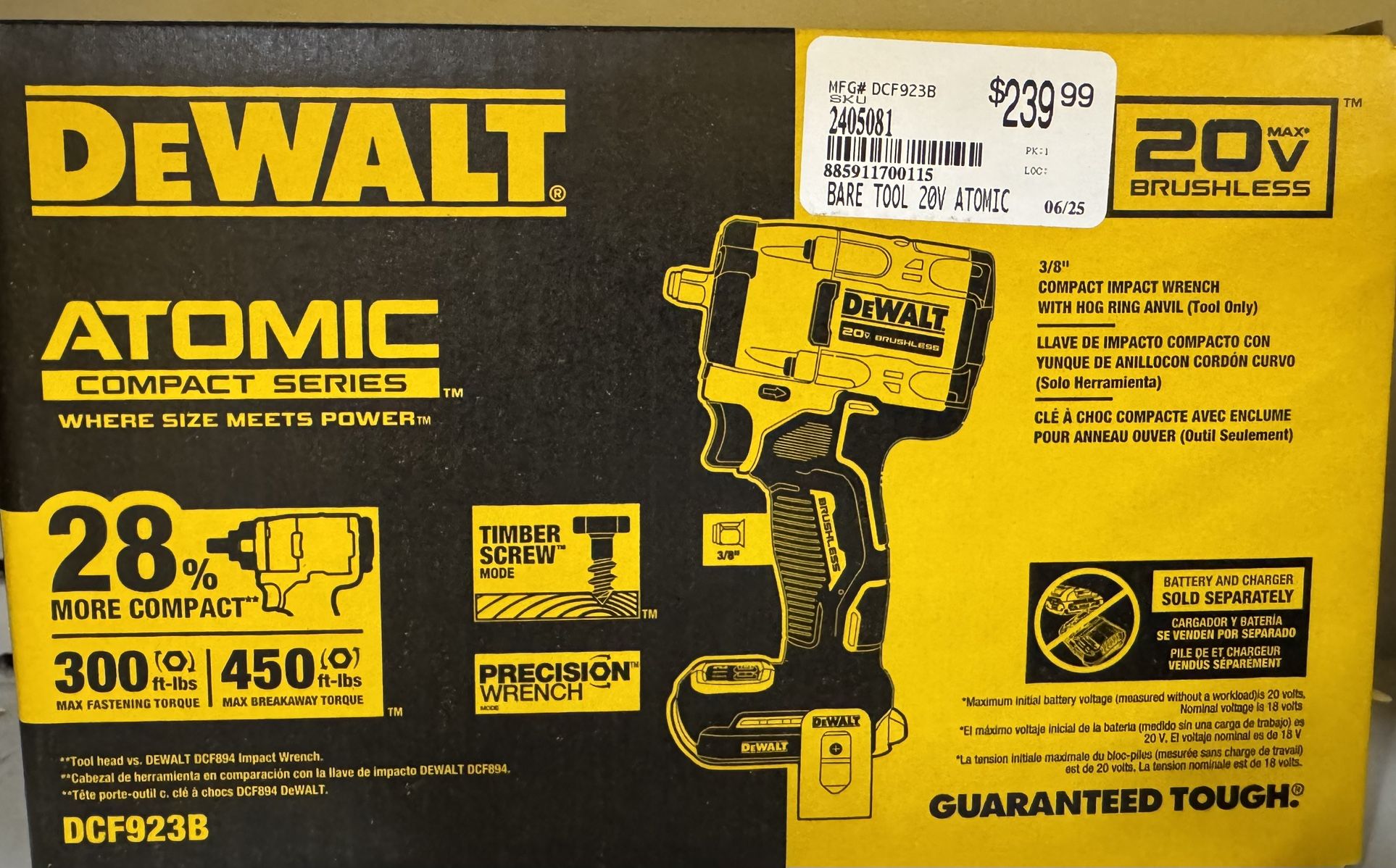 DEWALT ATOMIC 20V MAX* 1/2 in. Cordless Impact Wrench with Hog Ring Anvil (Tool Only) (DCF921B)