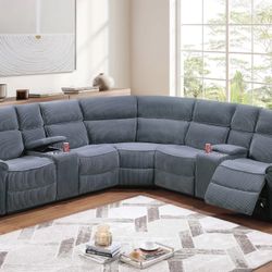GREY CORDUROY RECLINER SECTIONAL. 